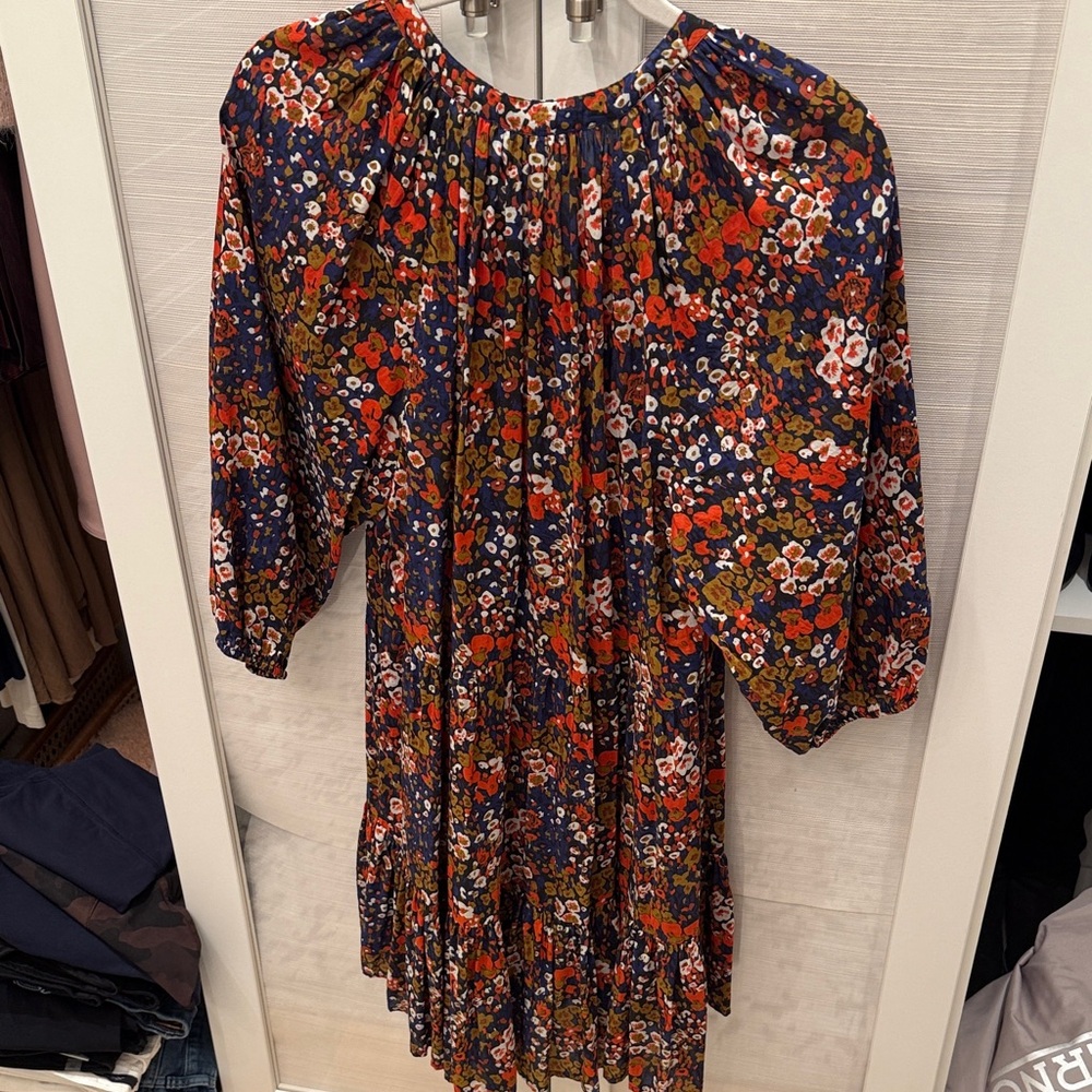 Apiece Apart Navy Floral Long Sleeve Mini Dress with Red & Olive Details - Picture 4 of 4